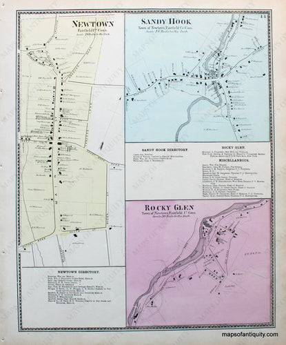 Antique-Hand-Colored-Map-Newtown/Sandy-Hook/Rocky-Glen-(CT)-United-States-Northeast-1867-Beers-Maps-Of-Antiquity