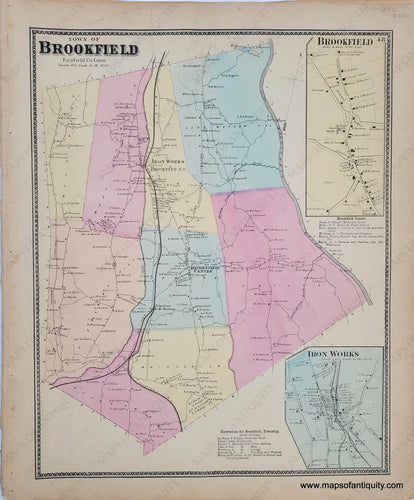 1867 - Town Of Brookfield / Iron Works (Ct) Antique Map Genuine Hand-Colored