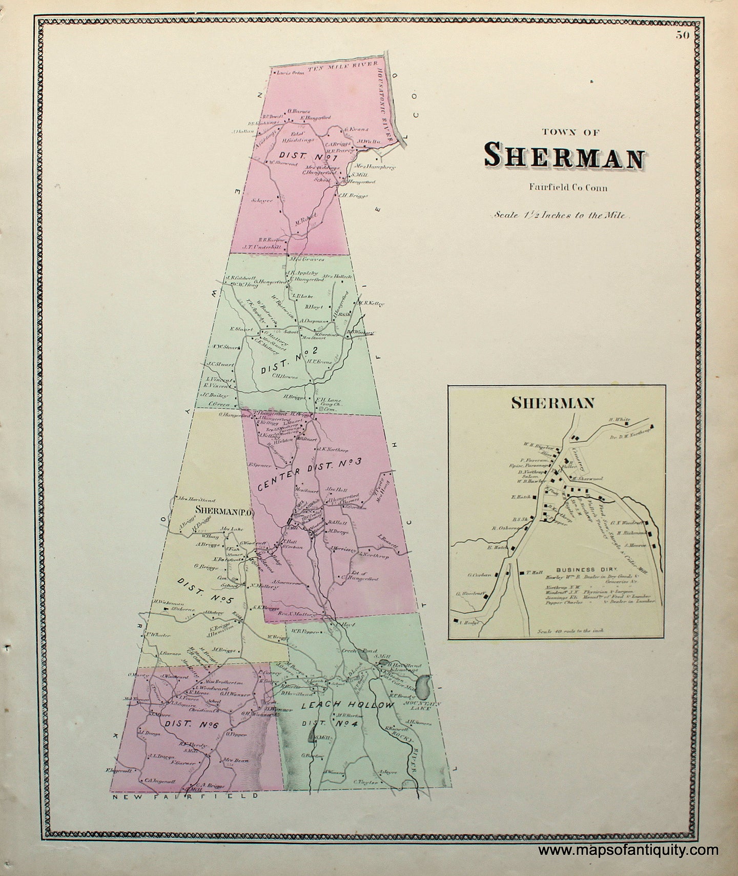 Antique-Hand-Colored-Map-Town-of-Sherman-(CT)-United-States-Northeast-1867-Baker-&-Tilden-Maps-Of-Antiquity