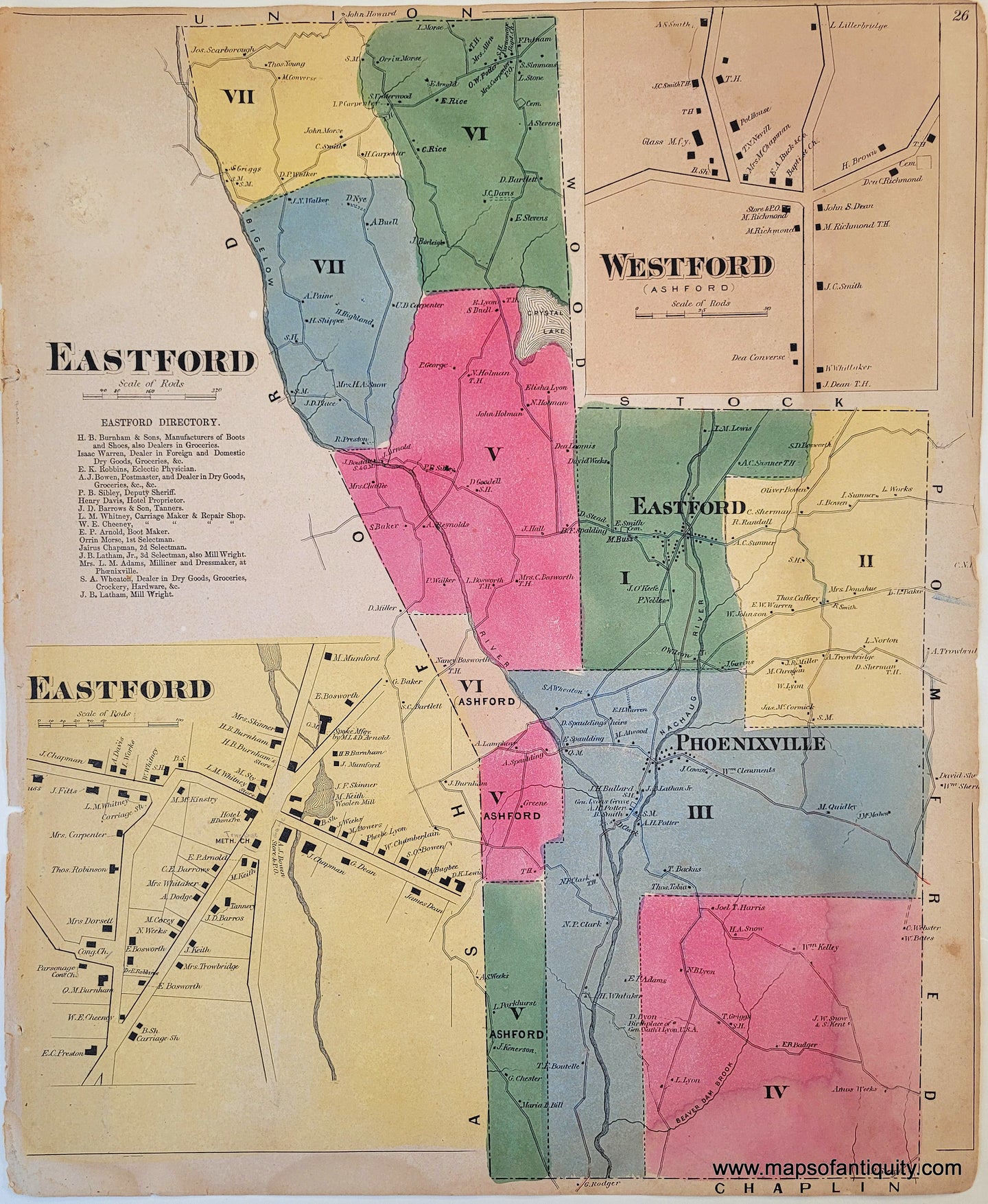 1869 - Eastford, Westford, Phoenixville (CT) - Antique Map