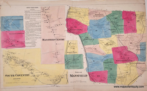 antique map of the town of mansfield CT with vibrant original antique coloring in tones of blue, green, yellow, pink, and red-pink. the whole town is shown on thr right side of the page, and the left side has six smaller enlargement maps.