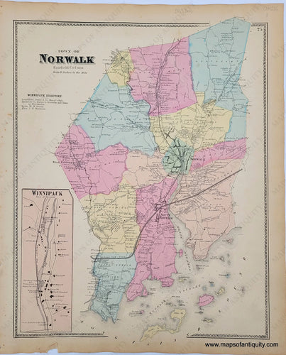 Antique-Map-Norwalk-Fairfield-County-Winnipauk-Connecticut-CT-1867-Beers-1860s-1800s-19th-century-Maps-of-Antiquity