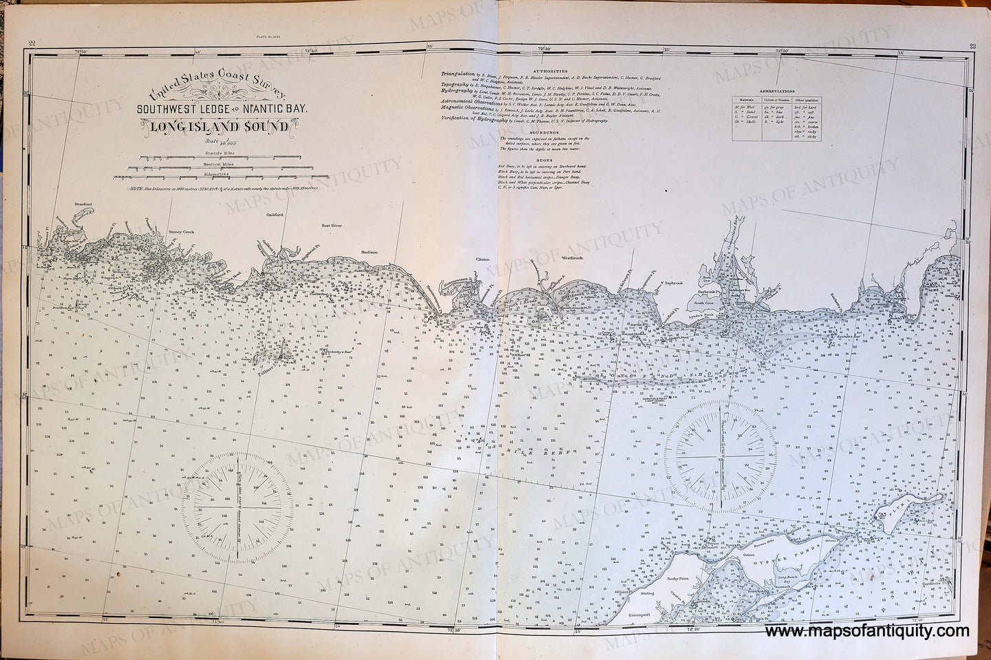 Antique map of the Connecticut coats of Long Island Sound with water depth. Water is a light blue color, otherwise black and white.
