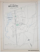 Load image into Gallery viewer, Antique map of the Borough of Wallingford, CT, on aged beige paper with fine black and blue-gray linework and labels. The map includes a compass rose, street grid, and labeled features such as Community Lake.
