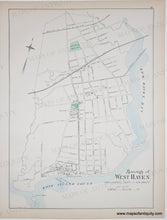 Load image into Gallery viewer, An antique map of West Haven, CT, featuring streets, railways, and green cemeteries and parks on a light beige paper background with blue water features.
