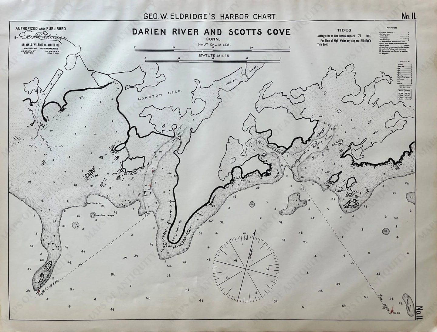 1910 - Darien River And Scotts Cove Conn. Antique Chart Genuine Nautical