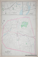 Load image into Gallery viewer, An antique map of Danbury, Connecticut, featuring a large main map with a pink boundary outline, two smaller inset maps at the top, and a green park area, on aged beige paper.
