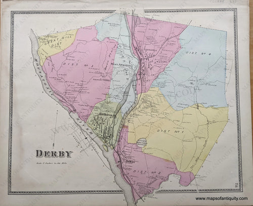 Antique-Hand-Colored-Map-Derby-(CT)-******-United-States-Connecticut-1868-Beers-Maps-Of-Antiquity