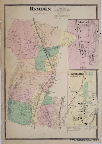 1868 - Hamden Mount Carmel Centreville (Ct) Antique Map Genuine Hand-Colored