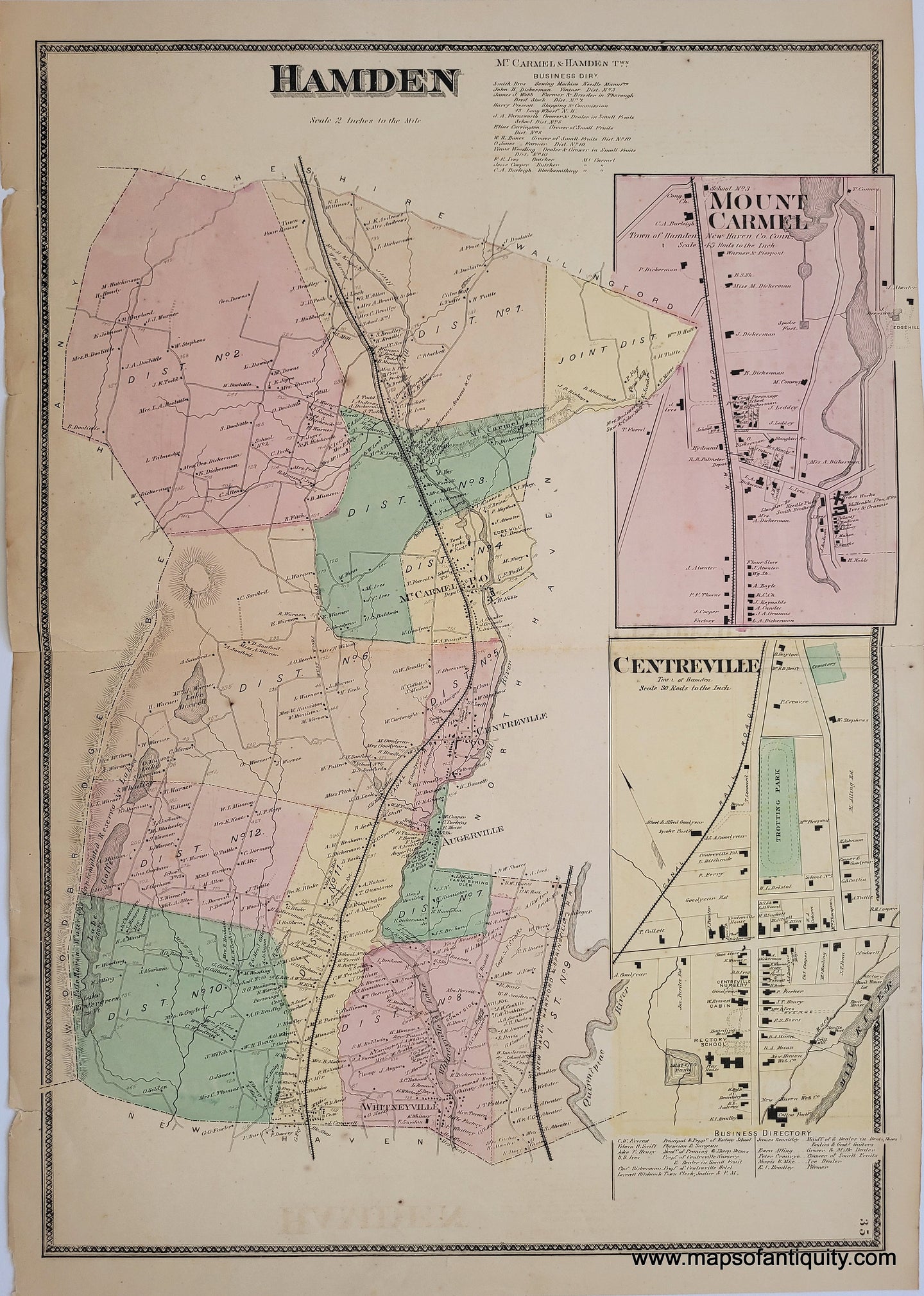 1868 - Hamden, Mount Carmel, Centreville (CT) - Antique Map