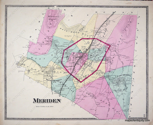 Antique-Hand-Colored-Map-Meriden-(CT)-United-States-Connecticut-1868-Beers-Maps-Of-Antiquity