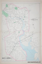 Load image into Gallery viewer, An antique map of South Norwalk and Norwalk, Connecticut, featuring detailed street layouts, waterways, and pink boundary lines on a light background.
