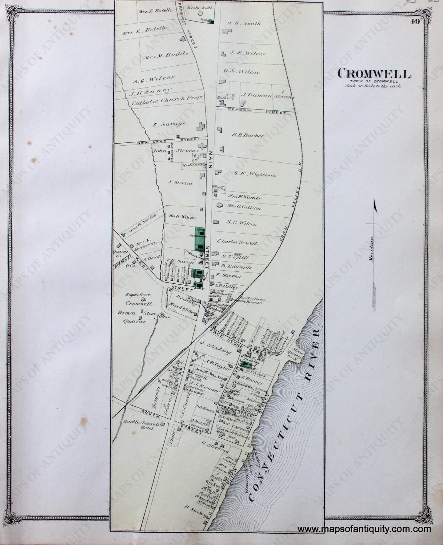 Antique-Hand-Colored-Map-Cromwell-Village-CT-United-States-Connecticut-1874-Beers-Maps-Of-Antiquity