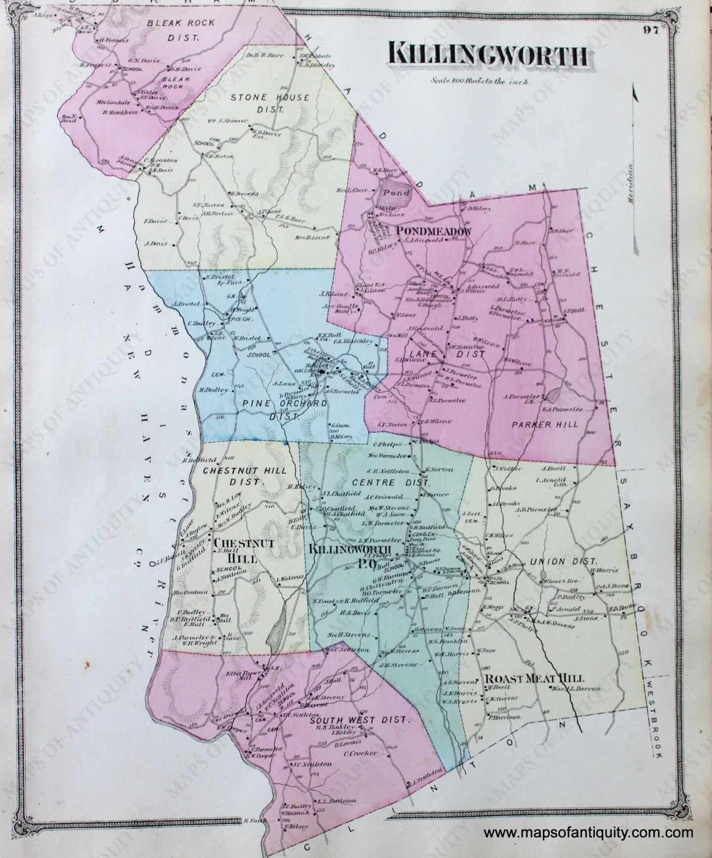 Antique-Hand-Colored-Map-Killingworth-CT-United-States-Connecticut-1874-Beers-Maps-Of-Antiquity