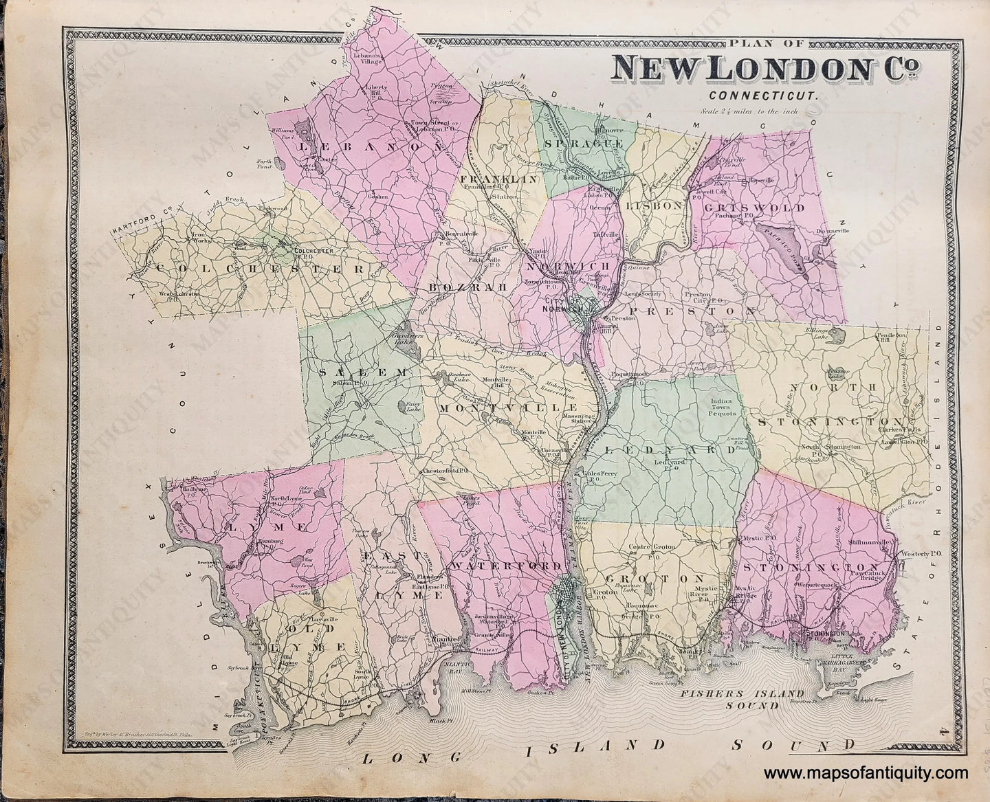 Genuine-Antique-Hand-Colored-Map-Plan-of-New-London-County-Connecticut-1868-Beers-Ellis-Soule--Maps-Of-Antiquity