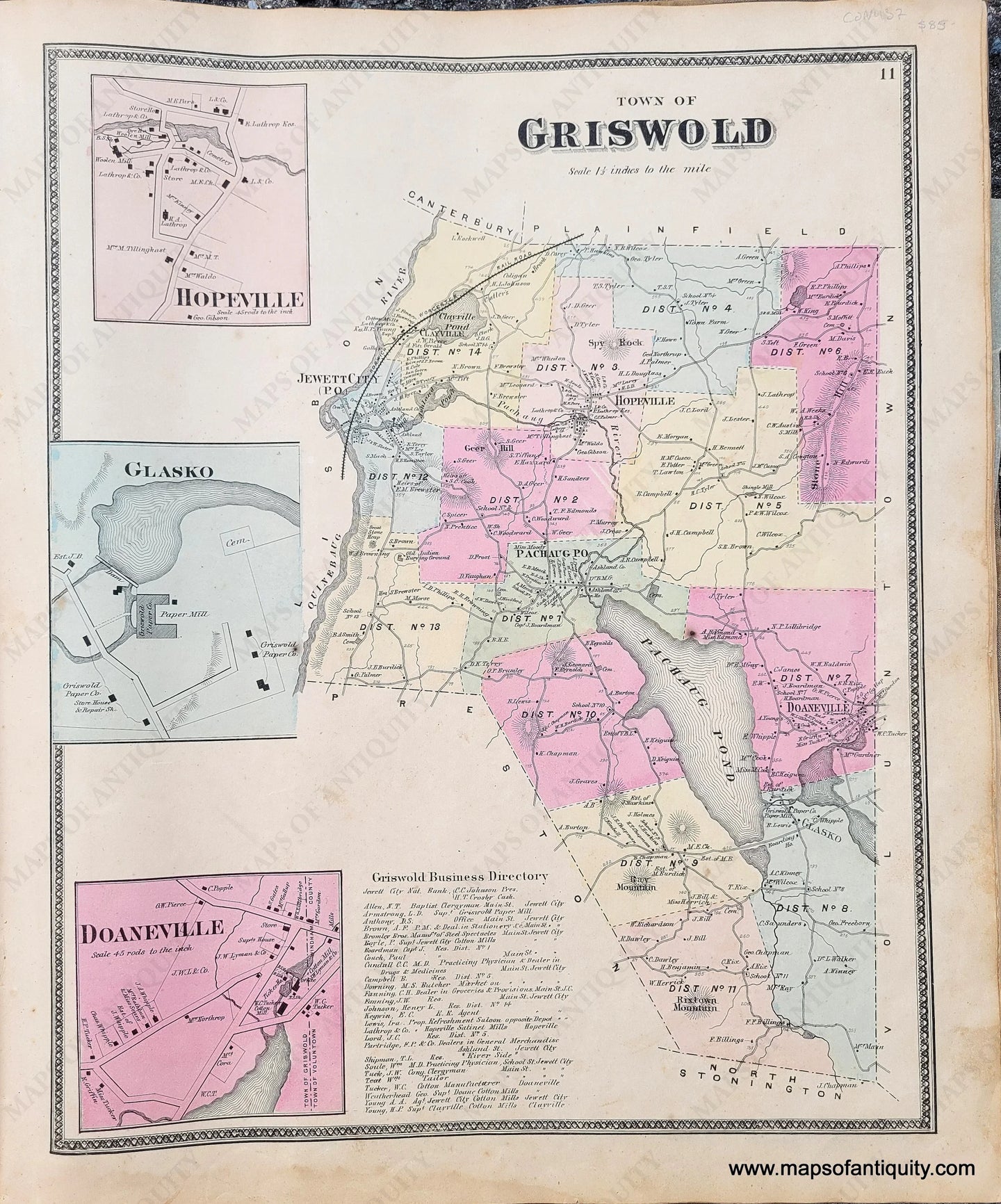 Genuine-Antique-Hand-Colored-Map-Town-of-Griswold-CT--1868-Beers-Ellis-Soule--Maps-Of-Antiquity