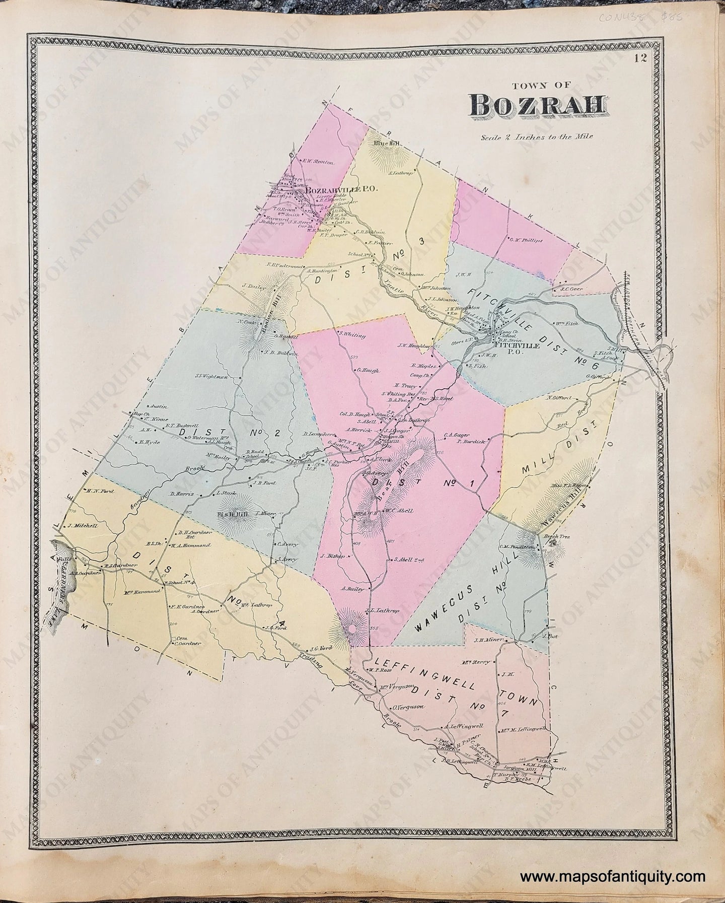 Genuine-Antique-Hand-Colored-Map-Town-of-Bozrah-CT--1868-Beers-Ellis-Soule--Maps-Of-Antiquity