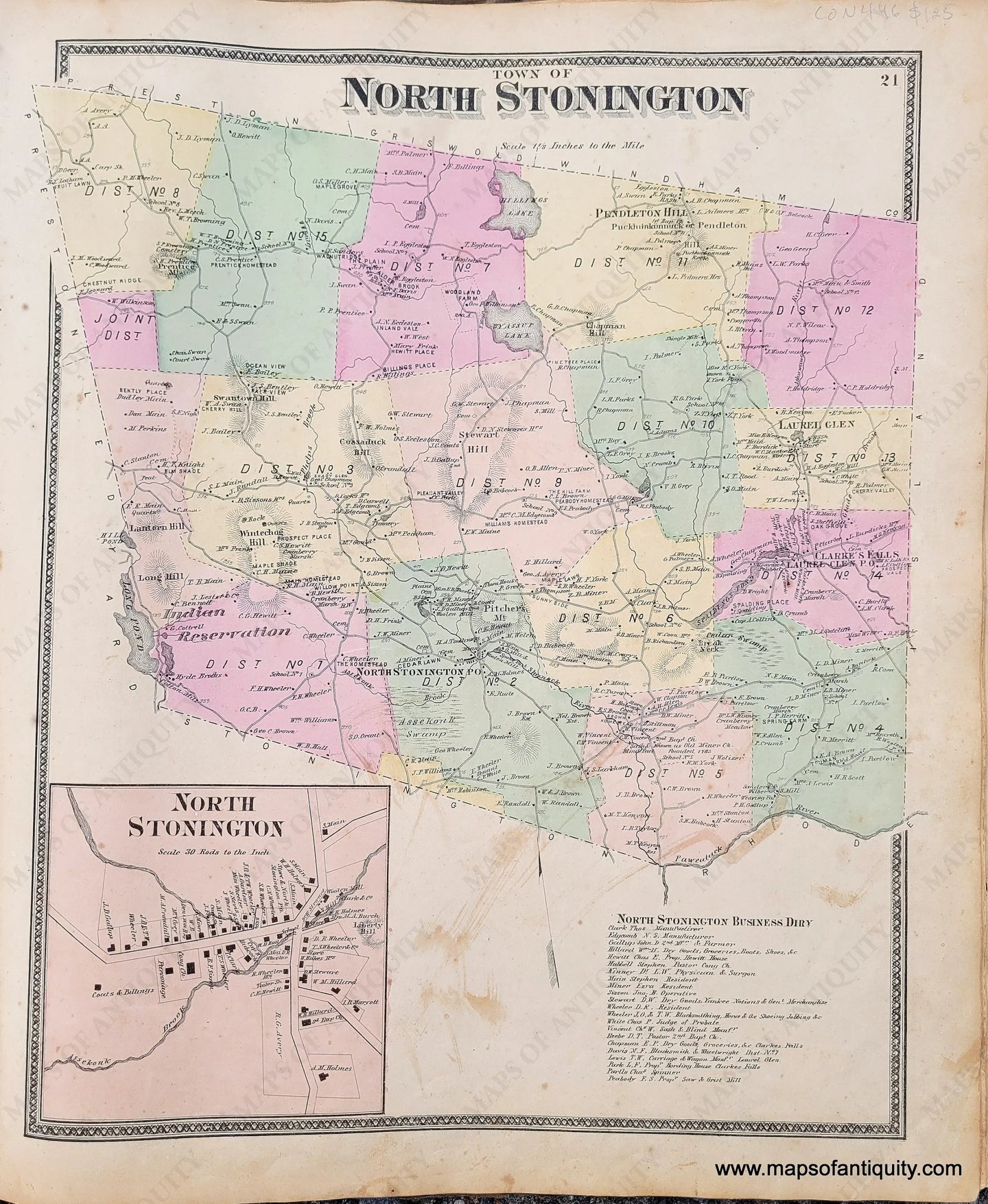 Genuine-Antique-Map-Town-of-North-Stonington-CT--1868-Beers-Ellis-Soule-Maps-Of-Antiquity