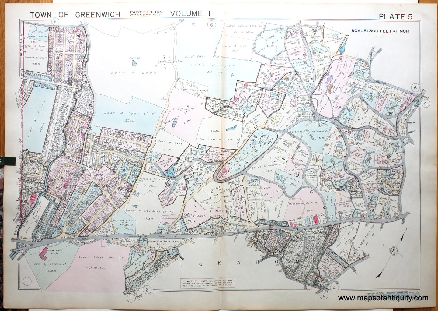 Genuine-Antique-Map-Part-of-Town-of-Greenwich-Fairfield-County-Connecticut-Plate-5-1938-Franklin-Survey-Company-Maps-Of-Antiquity