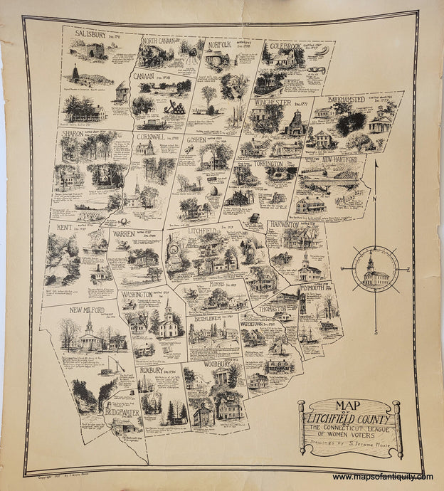 Uncolored vintage map of Litchfield county, Connecticut, with illustrations throughout.