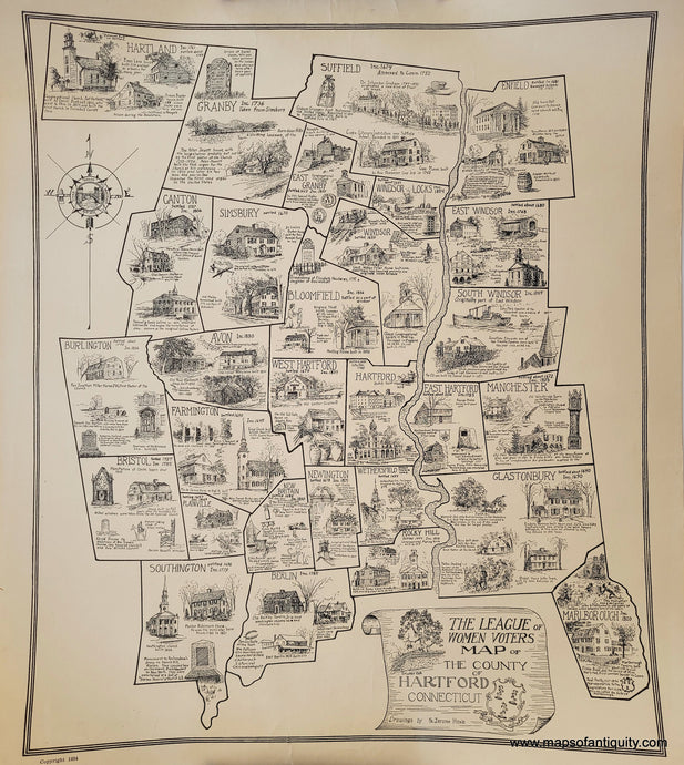 Uncolored vintage map of Hartford county, Connecticut, with illustrations throughout.