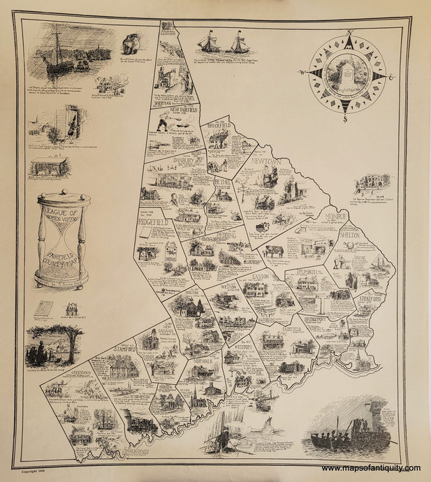 Uncolored vintage map of fairfield county, Connecticut, with illustrations throughout.
