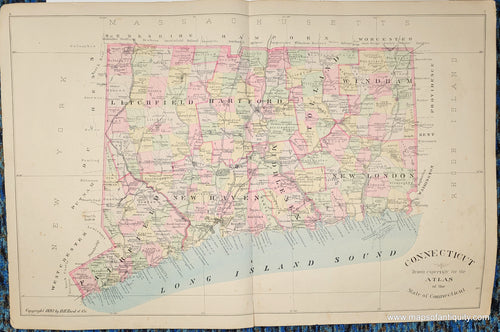 Large antique map of the state of connecticut with original hand-coloring. Colored by town with a darker color showing county borders. Tones of antique blue, yellow, pink, green, purple