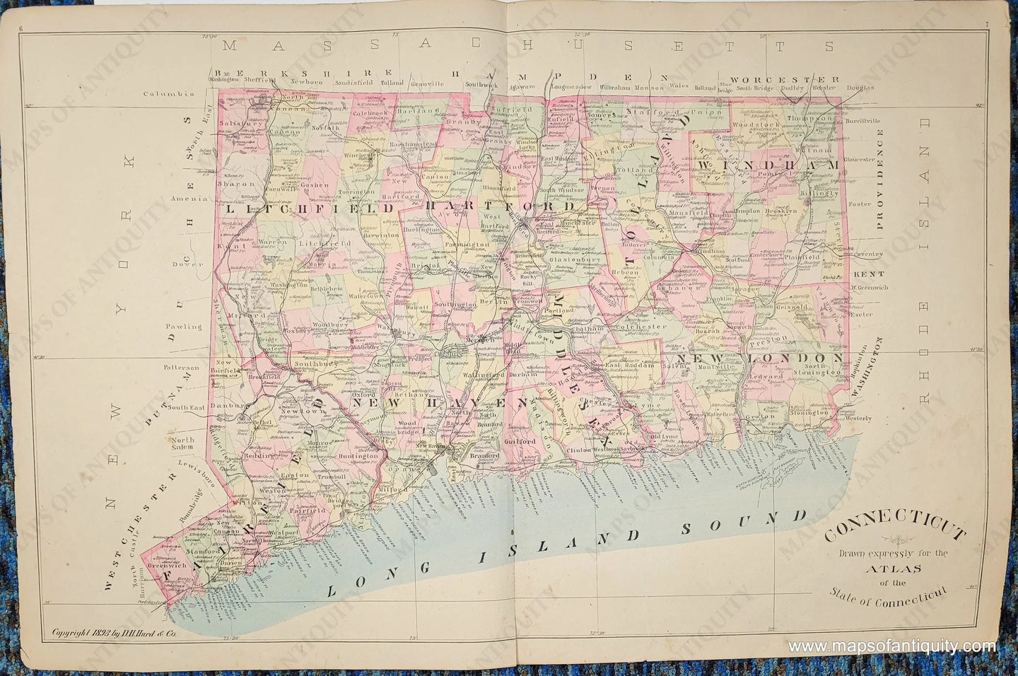 Large antique map of the state of connecticut with original hand-coloring. Colored by town with a darker color showing county borders. Tones of antique blue, yellow, pink, green, purple