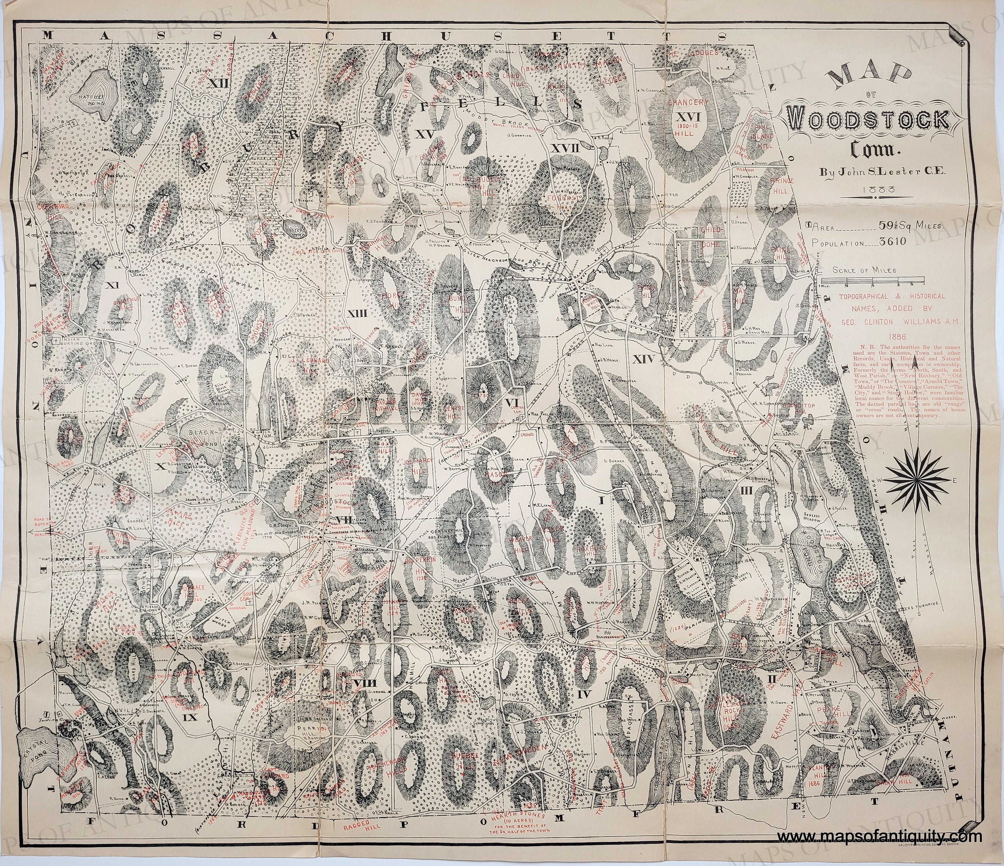 1886 - Map of Woodstock Conn. By John S. Lester C.E. - Genuine Antique ...