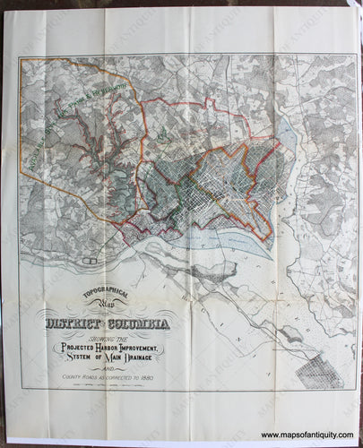 Antique-Printed-Color-Map-Topographical-Map-of-the-District-of-Columbia-showing-the-Projected-Harbor-Improvement-System-of-Main-Drainage-and-County-Roads-as-Corrected-to-1880-**********-Antique-Towns-and-City-Maps-&-Views-Washington-DC-1880-Boschke-/-US-Survey-Maps-Of-Antiquity