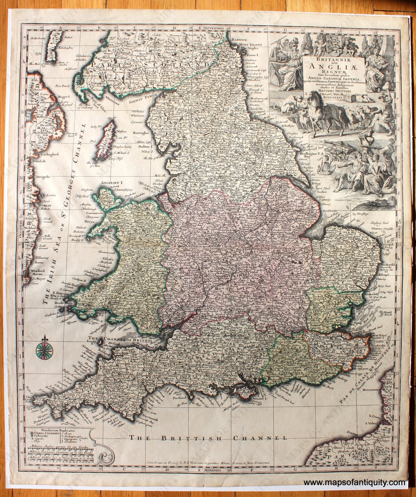 Antique-Hand-Colored-Map-Britanniae-sive-Angliae-Regnum-tam-secunum-prisca-Anglo-Saxonum-ImperiaÃ¢â‚¬Â¦-Europe-England-c.-1740-Seutter-Maps-Of-Antiquity-1800s-19th-century