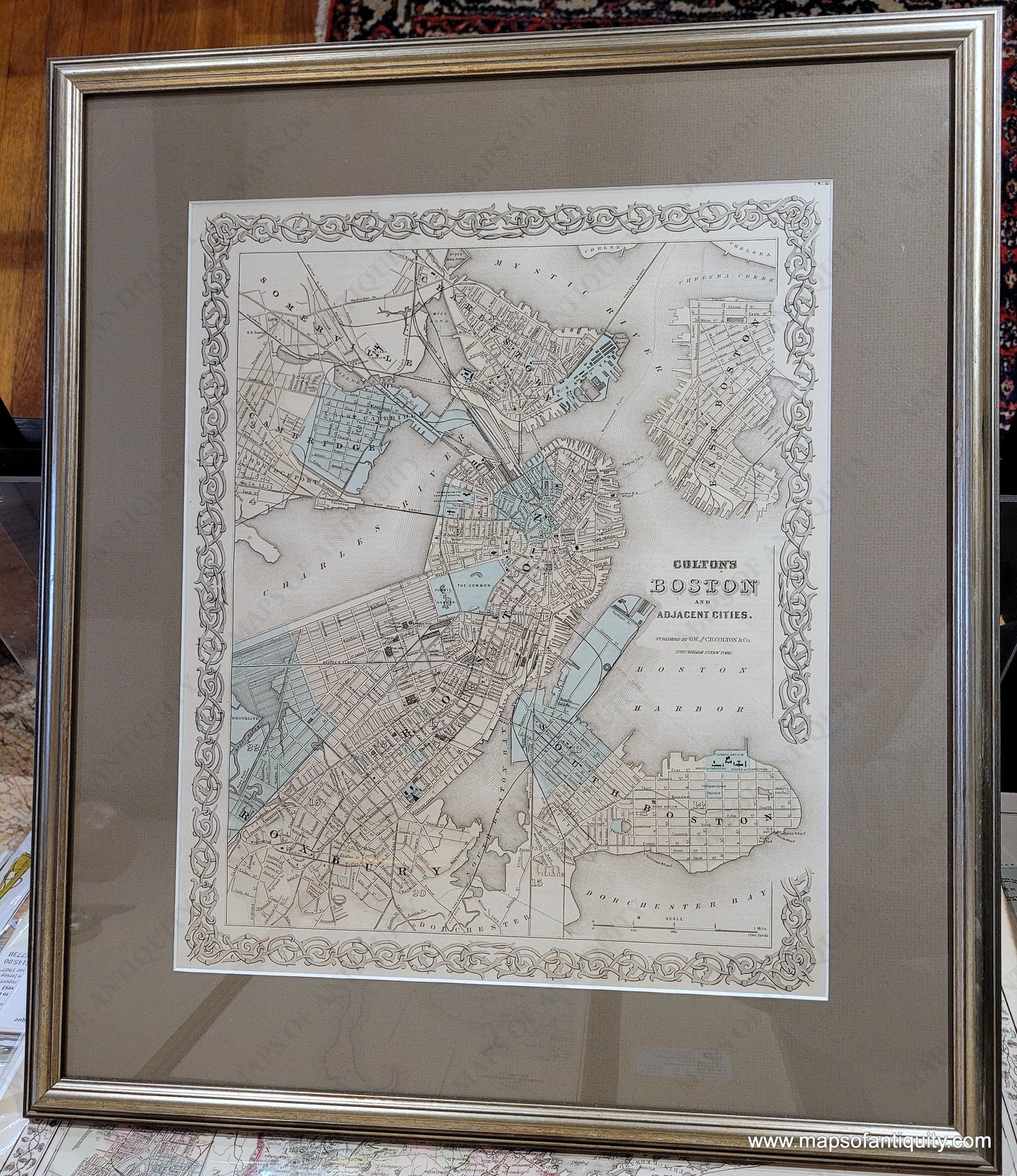 Framed-Genuine-Antique-Hand-Colored-Map-Map-of-Boston-and-Adjacent-Cities.--1855-Colton-Maps-Of-Antiquity