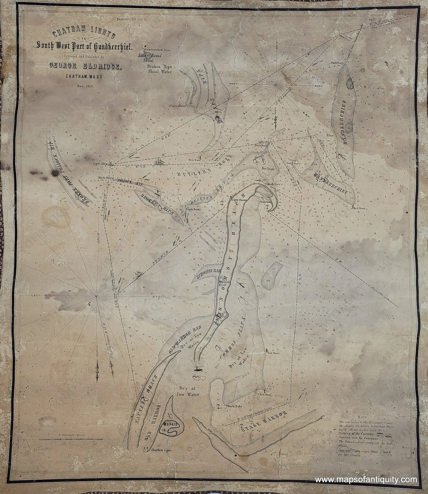 Antique-Coastal-Chart--Chatham-Lights-to-Southwest-Part-of-Handkerchief.****-Chatham-MA-Massachusetts-Monomoy-Shoals-Nautical-1851-Eldridge-Maps-Of-Antiquity