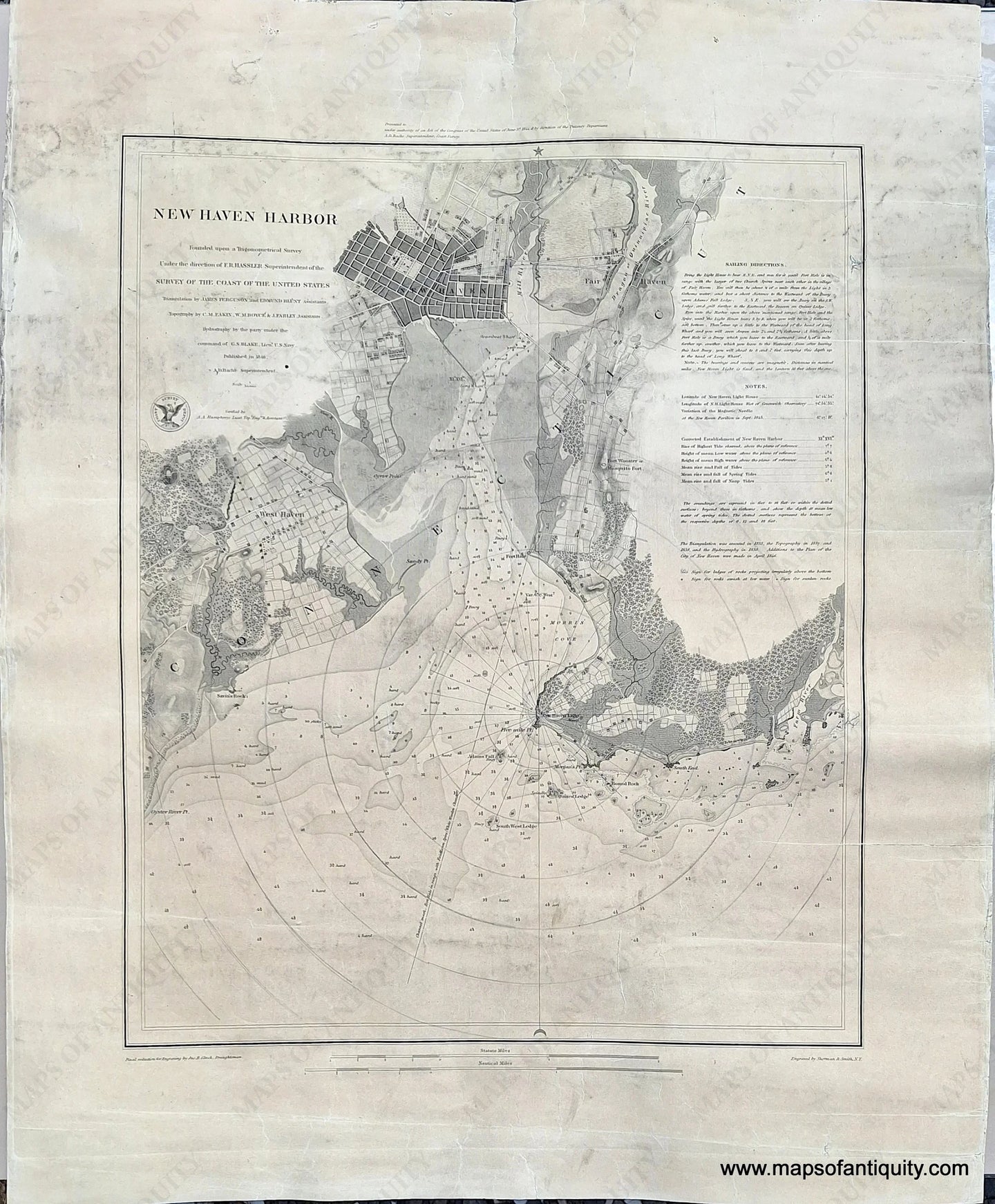 Genuine Antique Map Chart New Haven CT Black-and-White-Harbor-Chart-New-Haven-Harbor-Connecticut-United-States-North-East-1946-USC&GS-Maps-Of-Antiquity