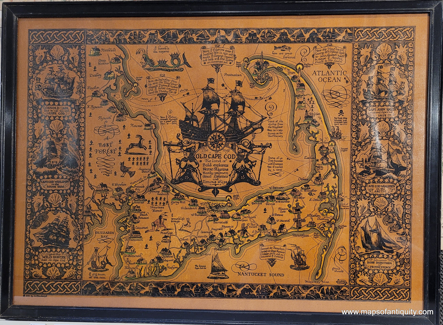 Hand-Colored-Framed-Antique-Map-The-Map-of-Old-Cape-Cod-The land of Bold Explorers, Heroic Pilgrims, Hardy Seamen, Great Fisheries and Famous Ships-Massachusetts-Cape-Cod-and-Islands-1930-Coulton-Waugh-Maps-Of-Antiquity