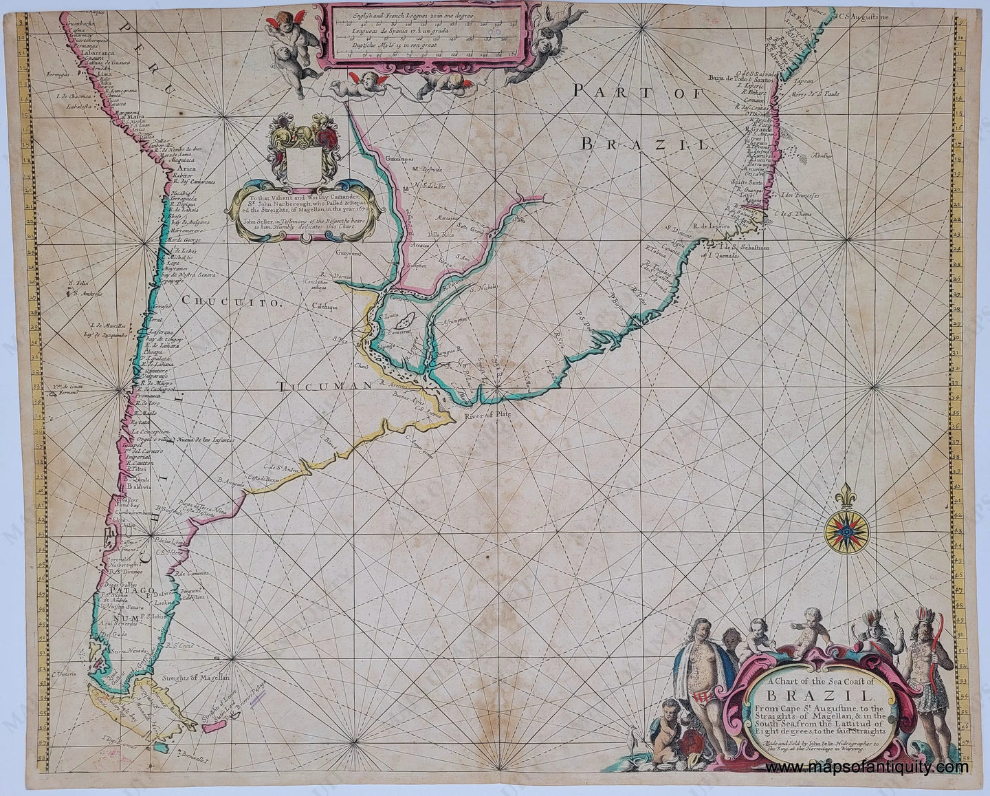 Genuine-Antique-Map-Chart-of-the-Sea-Coast-of-Brazil-1675-John-Seller-Maps-Of-Antiquity