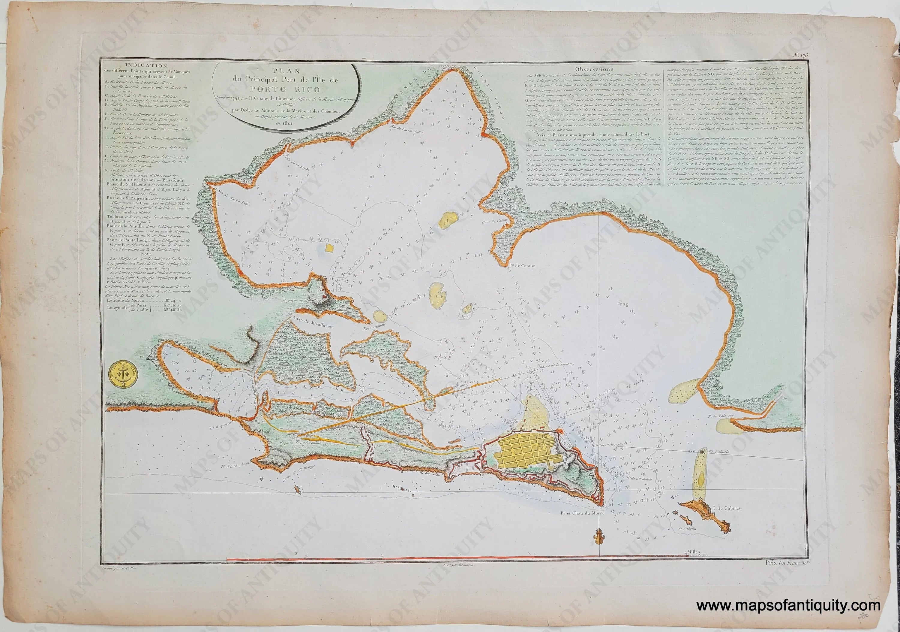 1801 Genuine Antique Map Plan du Principal Port de l'Ile de Porto Rico ...