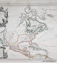 Load image into Gallery viewer, Antique map of North America with decorative elements and text. Line color in green, red, orange, yellow. Genuine-Antique-Map-North-America-Amerique-Septentrionale-divisee-en-ses-principales-parties-scavoir-Les-Terres-Arcticques-Le-Canada-ou-Le-Nouvelle-France-Le-Mexique-ou-Nouvelle-Espagne-Le-Nouveau-Mexique-Les-Isles-de-Terre-Neuve-de-Californie-et-Antilles--1690-Jaillot-Maps-Of-Antiquity
