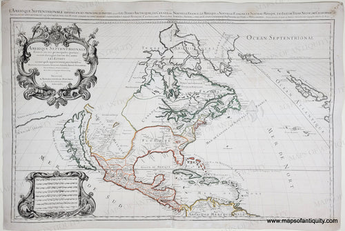 Antique map of North America with decorative elements and text. Line color in green, red, orange, yellow. Genuine-Antique-Map-North-America-Amerique-Septentrionale-divisee-en-ses-principales-parties-scavoir-Les-Terres-Arcticques-Le-Canada-ou-Le-Nouvelle-France-Le-Mexique-ou-Nouvelle-Espagne-Le-Nouveau-Mexique-Les-Isles-de-Terre-Neuve-de-Californie-et-Antilles--1690-Jaillot-Maps-Of-Antiquity