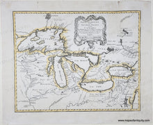 Load image into Gallery viewer, Antique map of North America with the Great Lakes, labeled territories and bodies of water. Mostly black and white with some yellow outline color. Genuine-Antique-Map-Great-Lakes-Partie-Occidentale-de-la-Nouvelle-France-ou-du-Canada-1755-Bellin-Homann-Heirs-Maps-Of-Antiquity
