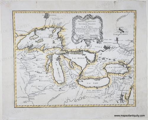 Antique map of North America with the Great Lakes, labeled territories and bodies of water. Mostly black and white with some yellow outline color. Genuine-Antique-Map-Great-Lakes-Partie-Occidentale-de-la-Nouvelle-France-ou-du-Canada-1755-Bellin-Homann-Heirs-Maps-Of-Antiquity