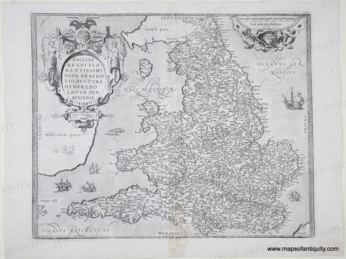 Antique 1579 map of England and Wales with decorative elements and text. Genuine-Antique-Map-England-and-Wales-Angliae-Regni-Florentissimi-Nova-Descriptio-Auctore-Humfredo-Lhuyd-Denbygiense-1579-Ortelius-Maps-Of-Antiquity