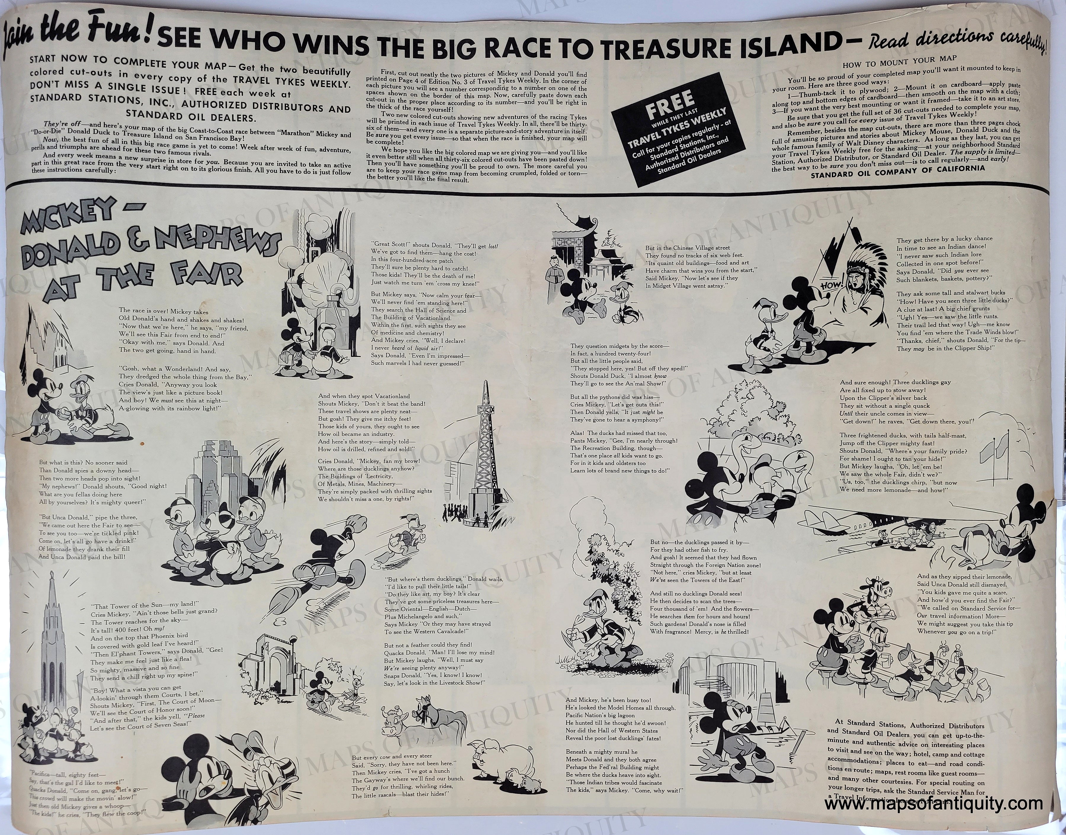 Donald Map 1939 Genuine Antique Map Mickey's and Donald's Race to Treasure Island ...