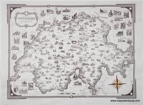 Antique Map of Switzerland with illustrations by Ernest Dudley Chase. Antique-Black-and-White-Pictorial-Map-A-Pictorial-Map-of-Switzerland-by-Ernest-Dudley-Chase-Europe-Switzerland-1936-Ernest-Dudley-Chase-Maps-Of-Antiquity