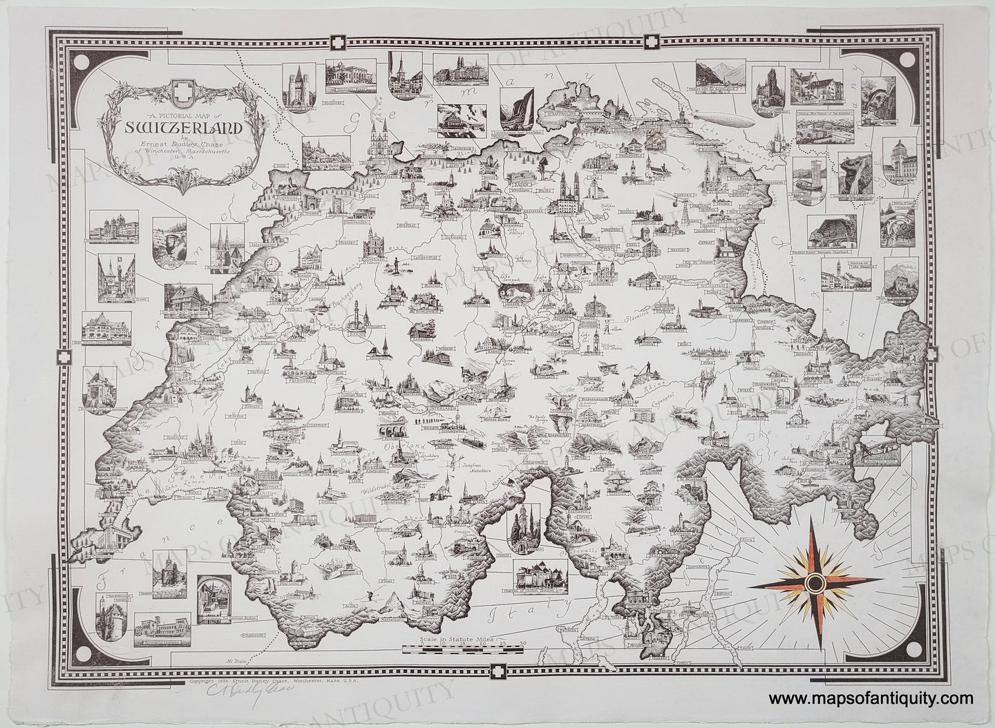 Antique Map of Switzerland with illustrations by Ernest Dudley Chase. Antique-Black-and-White-Pictorial-Map-A-Pictorial-Map-of-Switzerland-by-Ernest-Dudley-Chase-Europe-Switzerland-1936-Ernest-Dudley-Chase-Maps-Of-Antiquity
