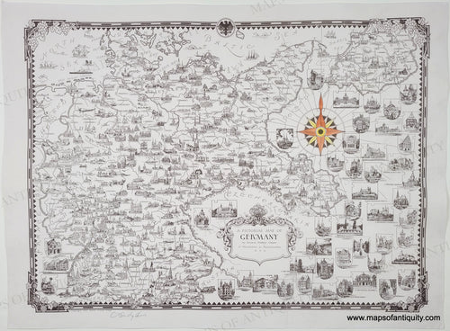 Antique map of Germany with illustrations by Ernest Dudley Chase. Antique-Black-and-White-Pictorial-Map-A-Pictorial-Map-of-Germany-by-Ernest-Dudley-Chase-Europe-Germany-1935-Ernest-Dudley-Chase-Maps-Of-Antiquity