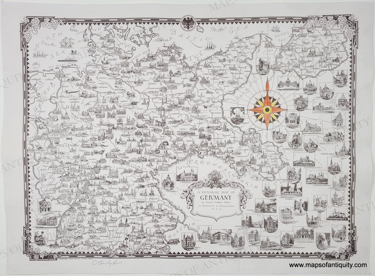 Antique map of Germany with illustrations by Ernest Dudley Chase. Antique-Black-and-White-Pictorial-Map-A-Pictorial-Map-of-Germany-by-Ernest-Dudley-Chase-Europe-Germany-1935-Ernest-Dudley-Chase-Maps-Of-Antiquity