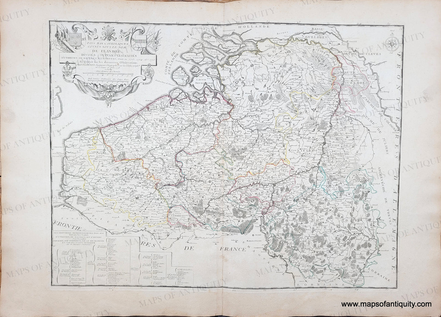 18th century map with original hand-colored boundary lines in yellow, green, red, blue. Genuine-Antique-Map-Belgium-Pays-Bas-Catholiques-Connus-Sous-e-Nom-de-Flandre-
-1775-Desnos-Maps-Of-Antiquity