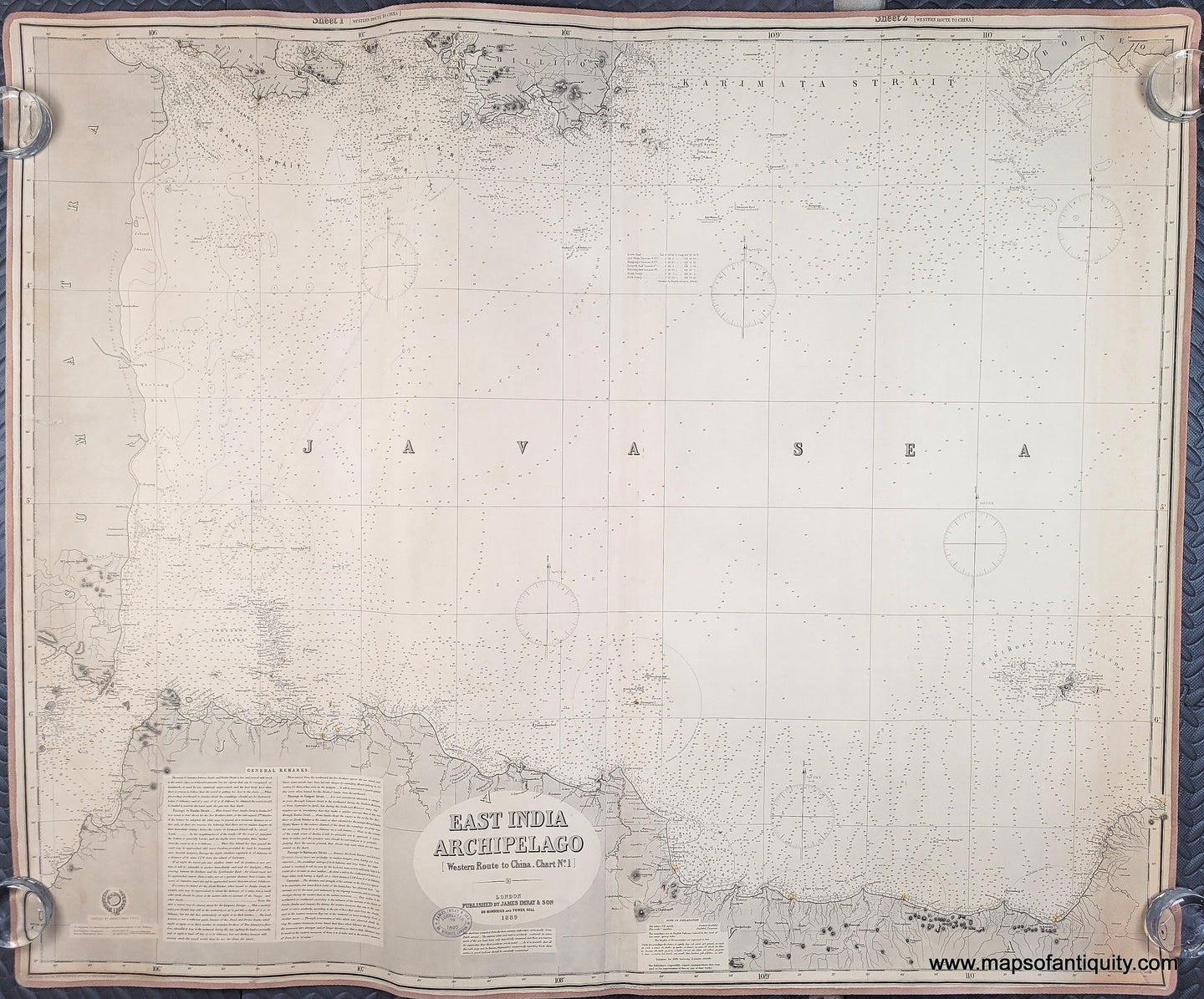 Antique chart map of the Java Sea with detailed topography and labels. Genuine-Antique-Chart-East-India-Archipelago-Western-Route-to-China-No-1-1889-1890-James-Imray-Son-Maps-Of-Antiquity