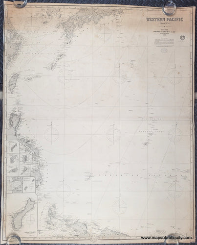 Antique sailing chart of the Western Pacific south of Japan topography and plotting.  Genuine-Antique-Chart-Western-Pacific-Chart-No-4--1875-1876-James-Imray-Son-Maps-Of-Antiquity